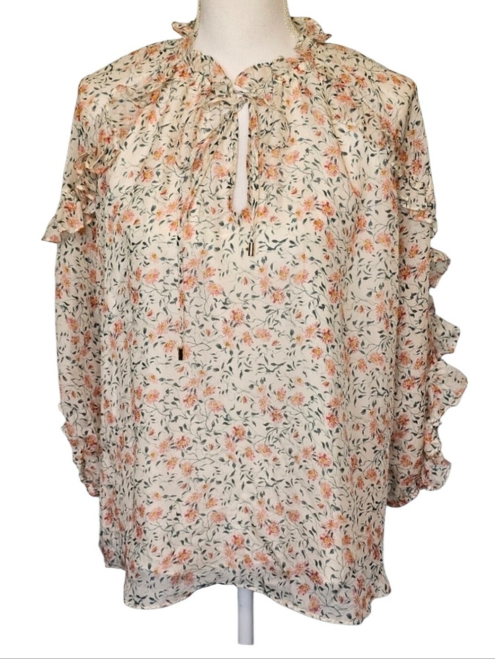 Shoshanna 100% Silk‎ Chiffon Floral Cottagecore Ruffle Longsleeve Blouse Size S